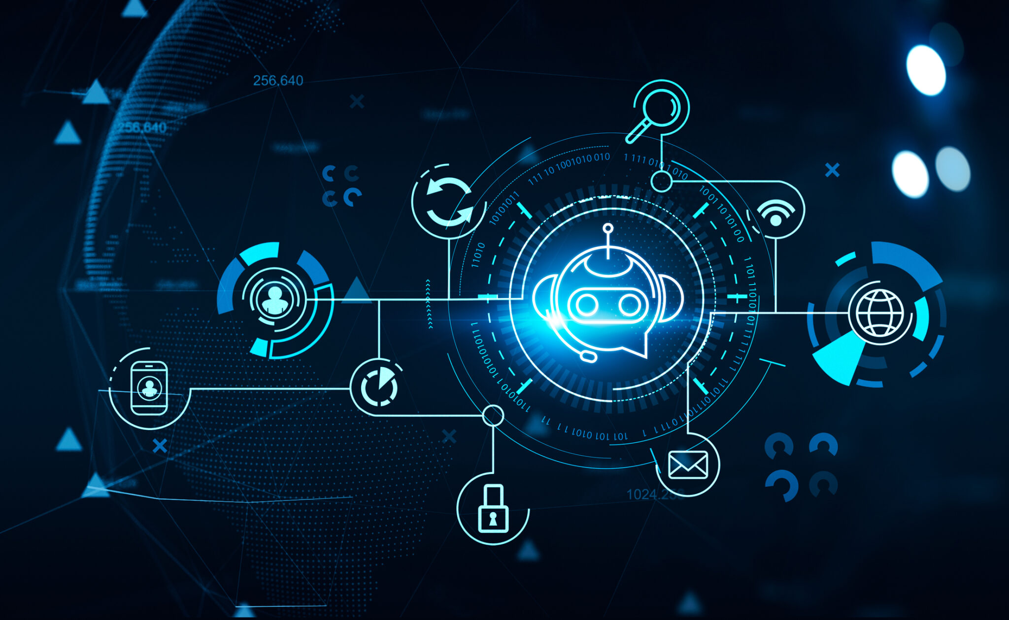 Voice chat digital hologram, bot icon and social network circuit. Artificial intelligence, worldwide and communication. Concept of machine learning. 3D rendering - decorative