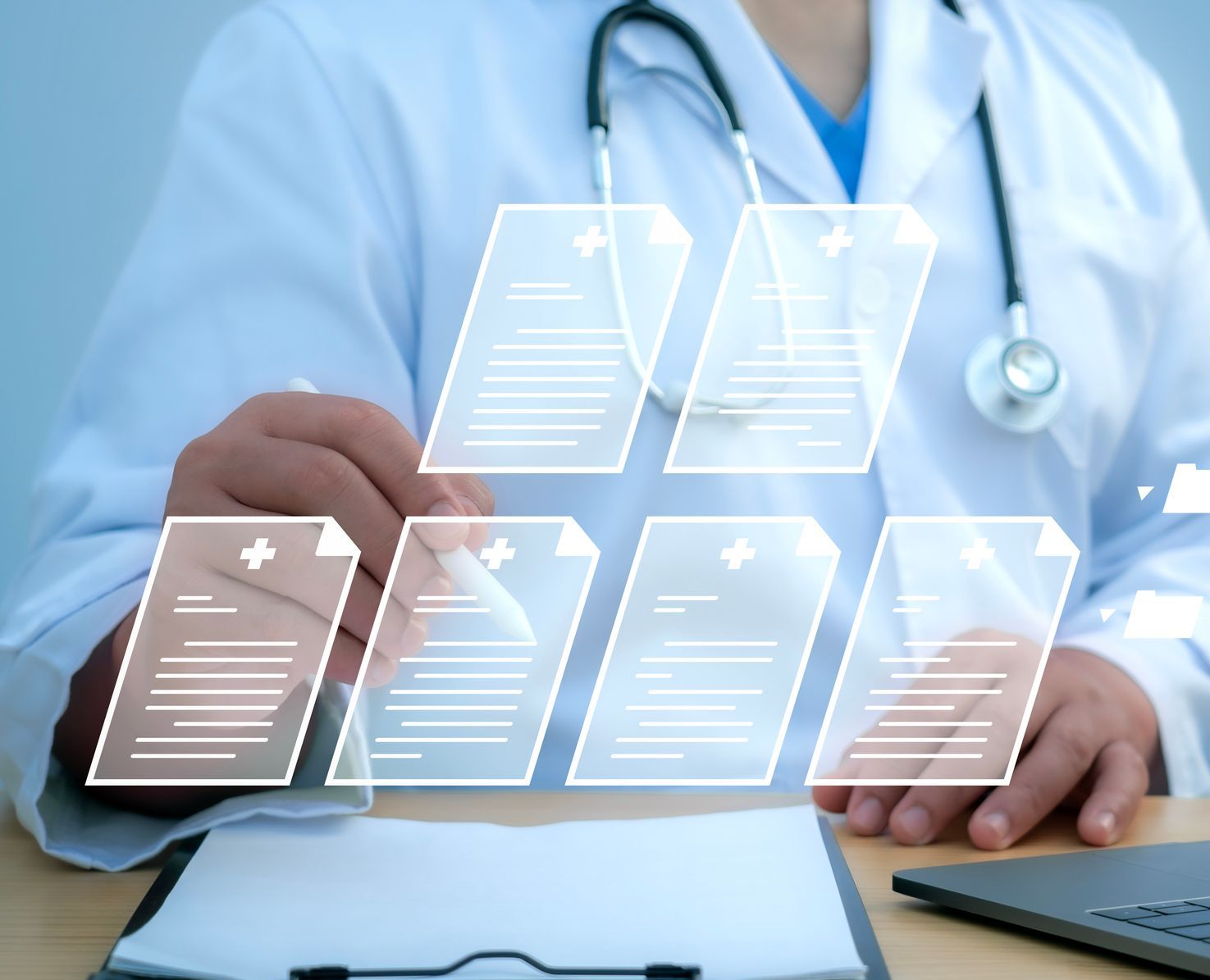 A medical worker works with an electronic database and documents.Technology and access information, database, storage, Digital link tech, big data - decorative
