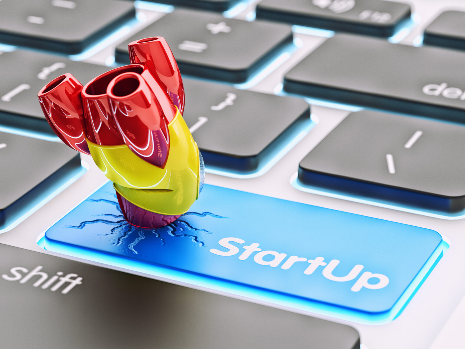 Broken rocket on a blue computer keyboard key button - decorative