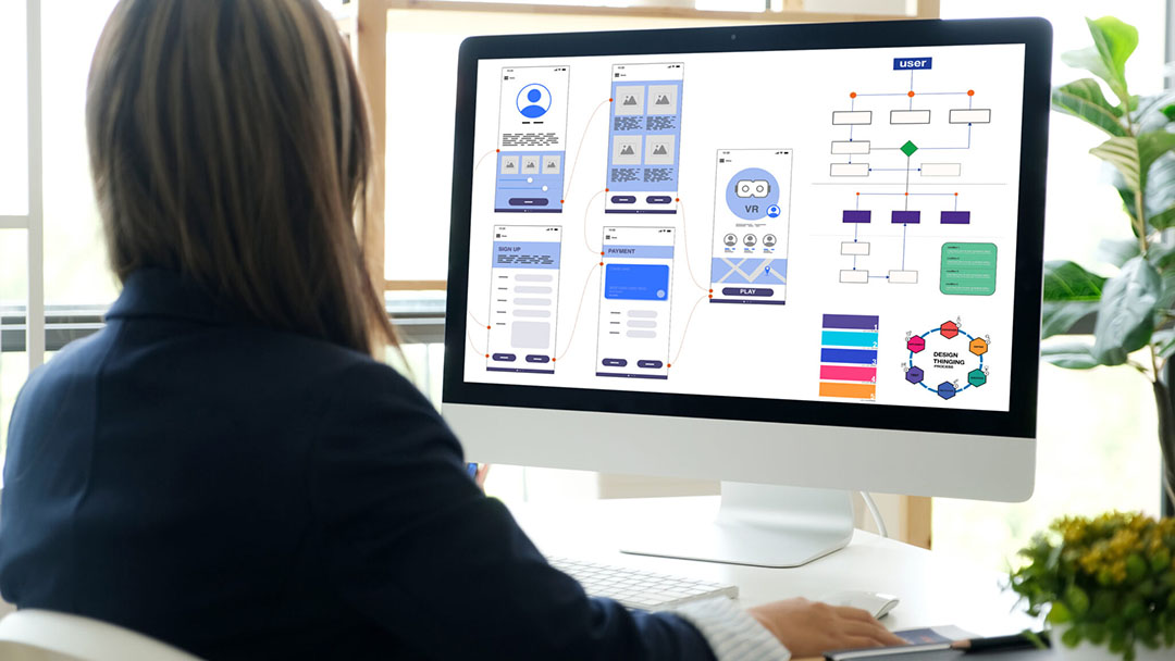 Website designer, Creative planning phone app development template layout framework wireframe design, User experience concept, Young asian woman UX designer working on smartphone application at office - decorative