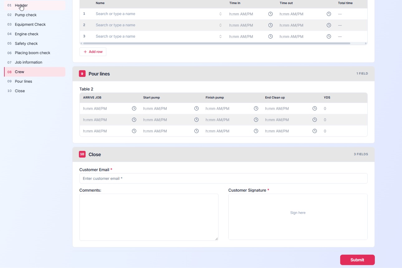 A MaxxLaunch™ form in the field — equipment and safety checks, crew times, pour lines, customer signature and submit in a single guided form