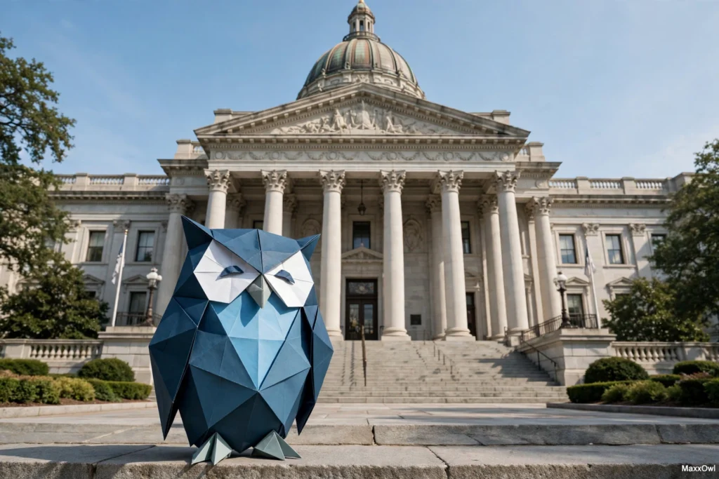 MaxxOwl in front of a government capitol building