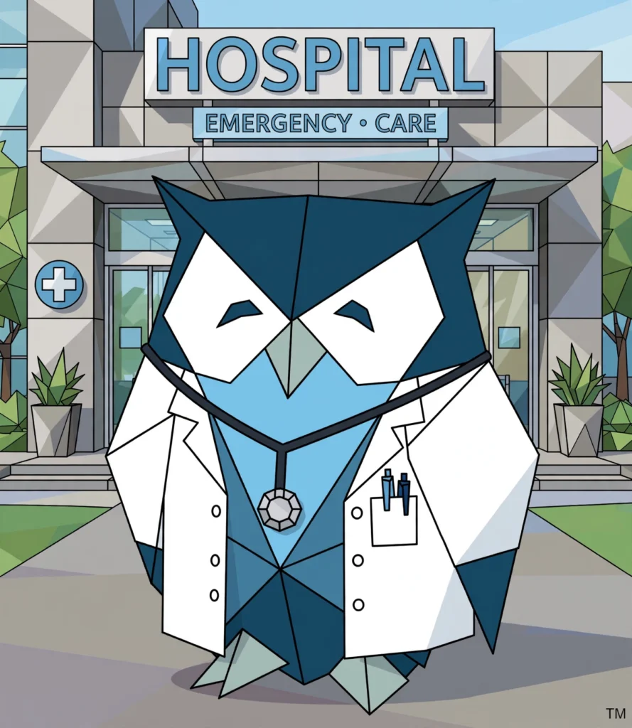 MaxxOwl in a doctor's coat in front of a hospital
