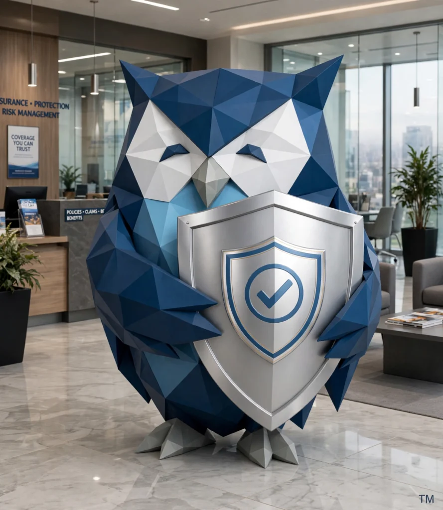 MaxxOwl holding a protective shield in an insurance office