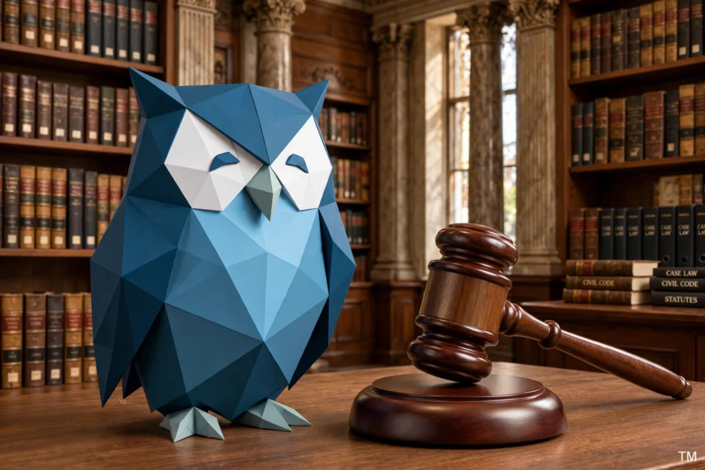 MaxxOwl with a gavel in a law library