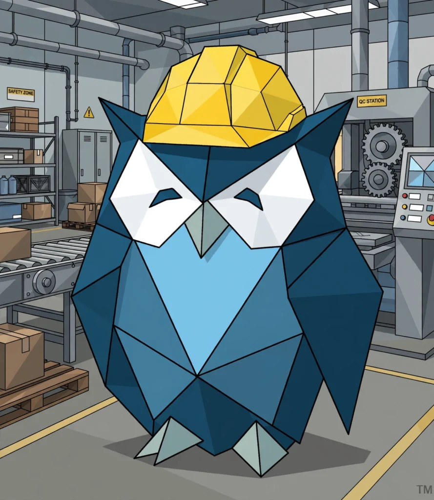 MaxxOwl wearing a hard hat on a factory floor